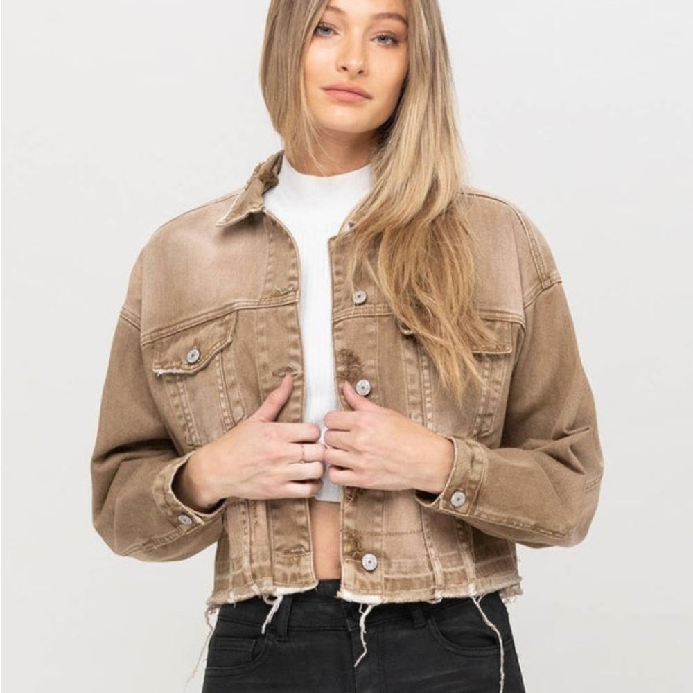 - Vervet by Flying Monkey, Affogato Oversized Cropped Jean Jacket in Espresso B…